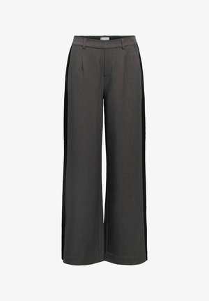 Pantalons à jambes larges en tissu gris foncé avec une texture lisse. Dotés d'une ceinture élastique, de plis avant et de panneaux latéraux noirs.