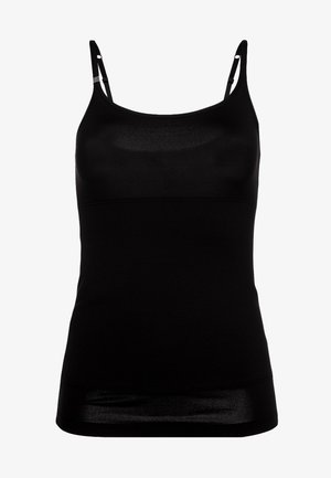Top negro sin mangas hecho de tela suave y elástica. Cuenta con tirantes finos, un escote redondeado y un diseño ajustado con un fondo sin costuras.