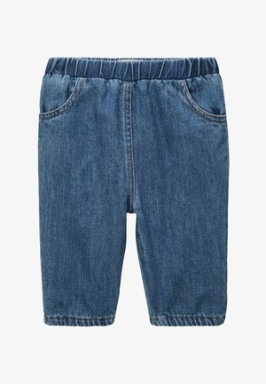 Shorts en denim de couleur bleue, avec une taille élastique, deux poches avant et une coupe droite. Ourlet cousu et texture lisse.