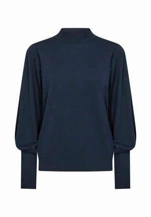 Navy pullover sweater with a high neck, balloon sleeves, ribbed cuffs and hem, made from soft knit fabric, featuring a smooth texture.