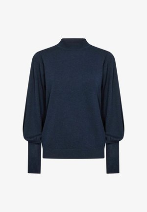 Jūrinis megztinis su aukštu kaklu, pilnomis rankovėmis, raižytomis rankogaliais ir apačia, pagamintas iš minkštos megztos medžiagos su glotnia tekstūra.