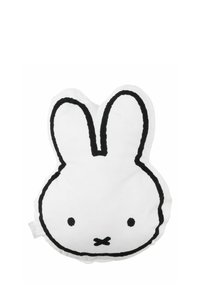 Cuscino di peluche a forma di coniglio bianco con contorni neri e caratteristiche facciali, con orecchie tonde e texture liscia.