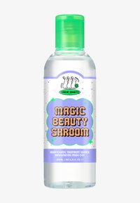 Klar plastflaske med grønt lokk, merket "Magic Beauty Shroom" med fet, fargerik tekst. Inneholder 200 ml adaptogenisk behandlingsessens.