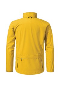 Gelbe wasserdichte Jacke mit hohem Kragen, elastischen Bündchen und einer Rückentasche. Hergestellt aus leichtem Stoff mit glatter Textur.