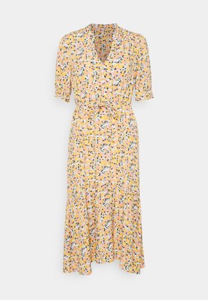 Robe midi à manches courtes, col en V, boutonnage devant, ceinture à la taille et imprimé floral abstrait rose, jaune, noir et blanc.