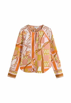 Langærmet bluse med abstrakte blomster- og geometriske mønstre i pink, orange, sennepsgul og hvide toner med rund halsudskæring.