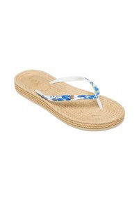 Roxy flip-flop featuring a woven jute base, white straps with blue floral print, and a round logo accent on one strap.