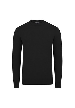 Czarny sweter z długimi rękawami i okrągłym dekoltem, z prążkowanymi mankietami i dołem, wyeksponowany na jednolitym białym tle.