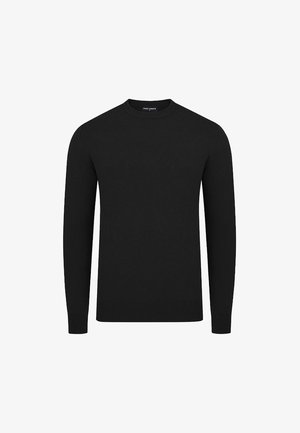 Czarny sweter z długimi rękawami i okrągłym dekoltem, z prążkowanymi mankietami i dołem, wyeksponowany na jednolitym białym tle.