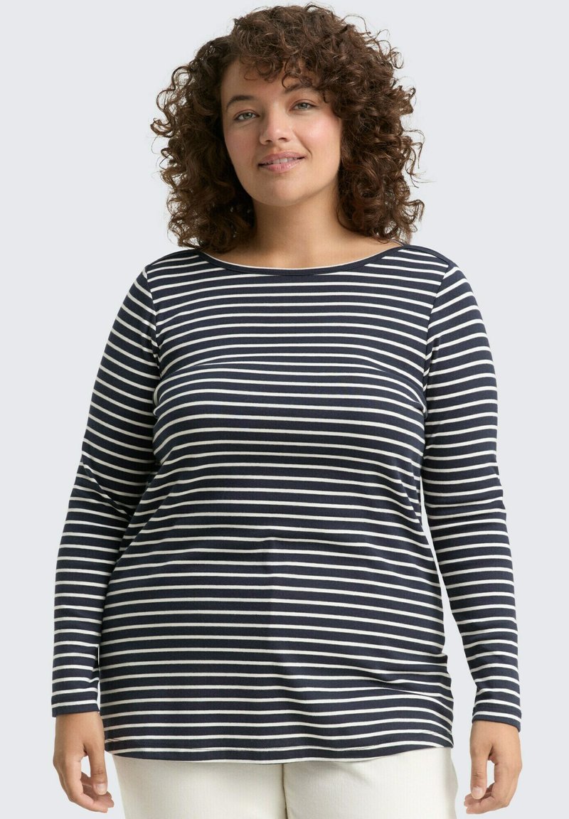 Langärmliges gestreiftes Hemd in Marineblau und Weiß, mit rundem Ausschnitt und weichem Stoff, lockerer Passform und horizontalen Streifen.