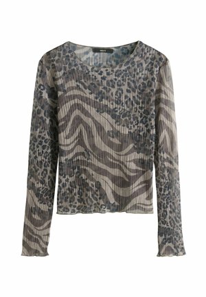 Ilgomis rankovėmis, ribuotas, pusiau permatomas viršus su mišriomis pilkomis gyvūnų raštais ir apvalia iškirpte.