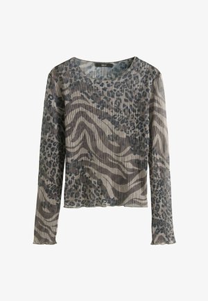 Maglia a maniche lunghe, a costine, semi-trasparente con motivi animalier grigi misti e scollo rotondo.