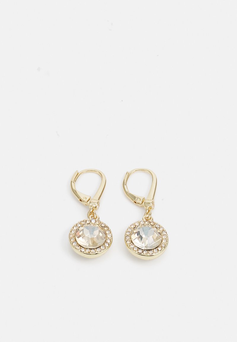 Gold-tone earrings featuring a round clear crystal adorned with a halo of small clear rhinestones, attached with a lever-back clasp.