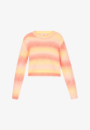 Pulover ușor, scurt, cu mâneci lungi, având un design gradient în nuanțe de roz și galben. Textură tricotată cu manșete zgâriate.