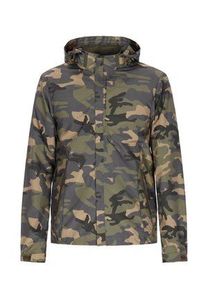 Kamikazs jaka zemes toņos, izgatavota no viegla auduma, ar kapuci un ar rāvējslēdzēju aizveramām kabatām. Gluda tekstūra ar pieguļošu dizainu.