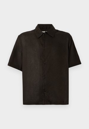 Kurzärmeliges Hemd mit Kragen aus dunkelbraunem Leinen. Verfügt über eine Knopfleiste vorne und eine lockere Passform, mit subtiler Struktur und minimalen Details.