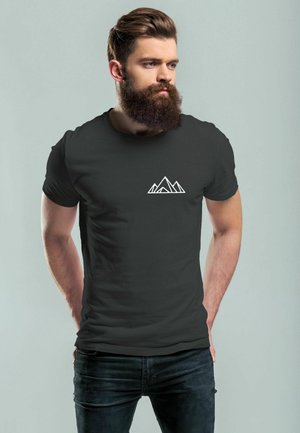 Black cotton t-shirt featuring a white mountain graphic on the chest. The shirt has short sleeves and a round neckline, with a fitted design.