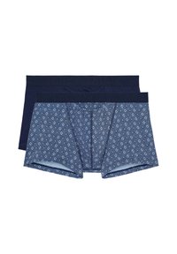 Two pairs of men's boxer shorts: one solid dark blue, one patterned with white diamonds on a blue background. Stretchy waistband.