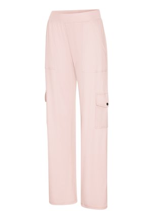 Light pink straight-leg pants with elastic waistband, front patch pockets, and a side cargo pocket with button flap.
