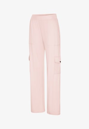 Lichtroze broek met rechte pijpen, een elastische tailleband, voorzakken en een zijzak met klep en knoop.