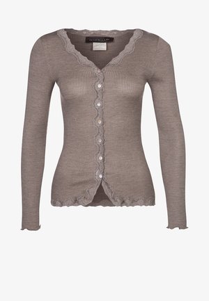 Bruine geribbelde cardigan met lange mouwen, voorzien van een geschulpte kraag en zoom, met zes knopen en fijne kantdetails aan de voorkant.