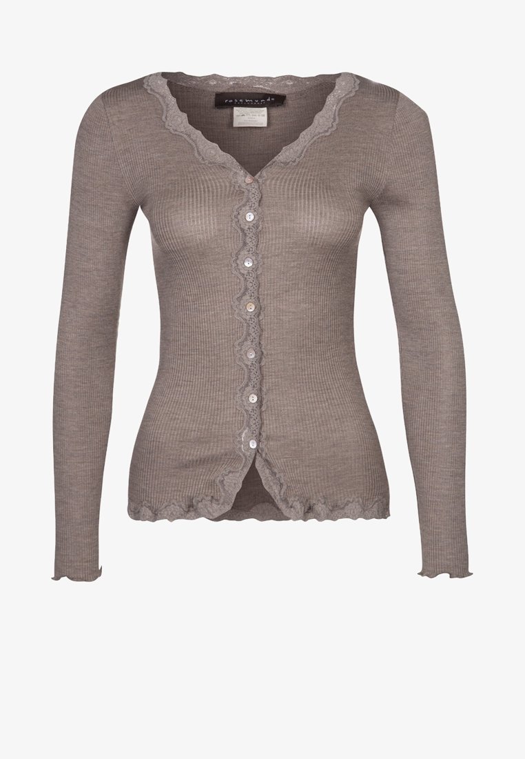Brązowy prążkowany kardigan z długim rękawem, z falowanym kołnierzem i dolnym brzegiem, z sześcioma guzikami i delikatnym koronkowym zdobieniem na przodzie.