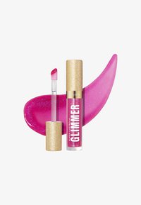 Gloss labbra Revlon Super Lustrous Glimmer con applicatore trasparente e cappuccio dorato. Presenta un colore rosa vivace e una consistenza luccicante con una finitura lucida.