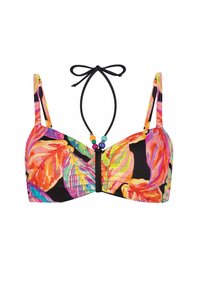 Wielokolorowy biustonosz bikini w kwiatowy wzór. Wykonany z tkaniny na czarnym tle, ma regulowane ramiączka i dekoracyjne koraliki na środku.