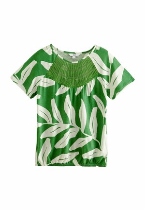 Zielony top z krótkim rękawem w biały liściasty wzór, z teksturowanym, zielonym dekoltem ozdobionym koralikami oraz elastycznym dołem dla dopasowanego wyglądu.