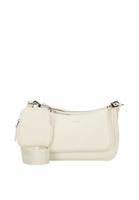Borsa a spalla in pelle bianca con hardware argentato, chiusura con zip e una piccola pochette staccabile. Presenta una tracolla in tessuto impresso con "HUGO."