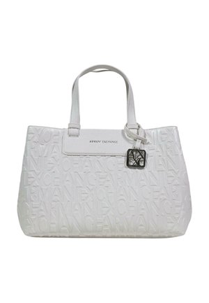 Sac fourre-tout blanc Armani Exchange avec motif de logo en relief, doubles poignées et un petit porte-clé en métal avec logo suspendu.