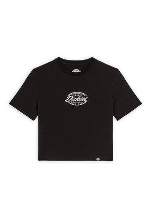 Zwarte korte mouwen t-shirt van katoen met een ronde halslijn. Bevat een wit wereldbol logo met de tekst "Dickies" in cursief in het midden.