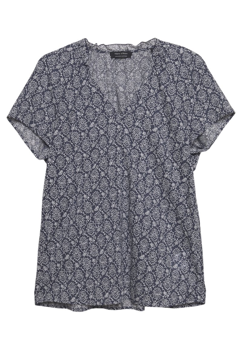 Marineblå bluse med korte ærmer, hvidt blomstermønster, V-udskæring og let, struktureret stof. Løst fit design.