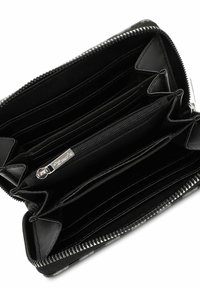 Black leather wallet with multiple compartments, a zippered coin pocket, and silver-tone hardware. Interior features card slots and a soft lining.