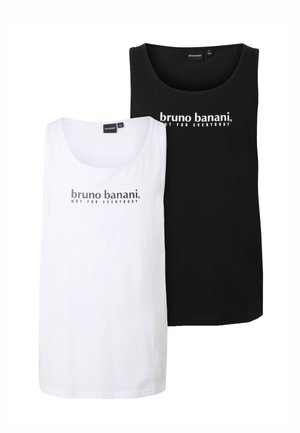 To ærmeløse tanktops, én hvid og én sort, begge med "bruno banani NOT FOR EVERYBODY" trykt på forsiden.