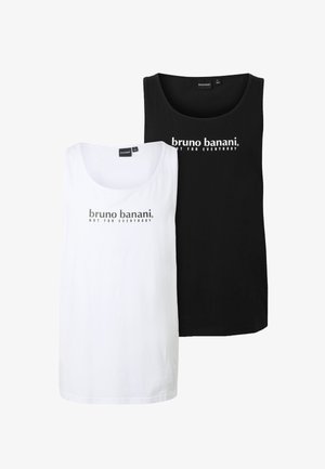 To ermeløse tanktopper, en hvit og en svart, begge med "bruno banani NOT FOR EVERYBODY" trykt på forsiden.