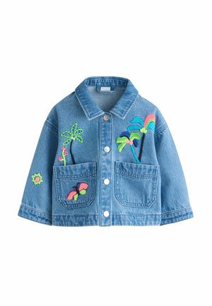 Mėlyna džinsinė striukė su priekio kišenėmis, papuošta spalvotais siuvinėtais palmės medžiais, drugeliu ir mažyte gėle ant rankovių.
