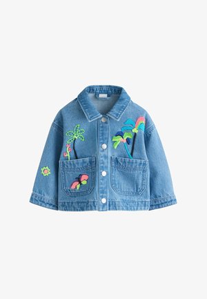Mėlyna džinsinė striukė su priekio kišenėmis, papuošta spalvotais siuvinėtais palmės medžiais, drugeliu ir mažyte gėle ant rankovių.