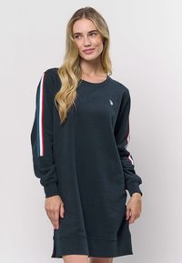 Sweatshirt-Kleid aus dunkelblauem Baumwollmischgewebe. Verfügt über lange Ärmel mit roten, weißen und blauen Streifen sowie ein kleines, auf der Brust gesticktes Logo.
