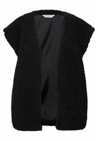 Schwarze offene Weste aus strukturiertem Fleece-Material. Verfügt über kurze Ärmel und ein glattes Futter ohne Verschlüsse oder Muster.