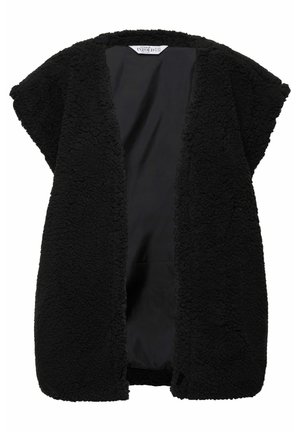 Gilet noir ouvert à l'avant en tissu polaire texturé. Dispose de manches courtes et d'une doublure lisse, sans fermetures ni motifs.