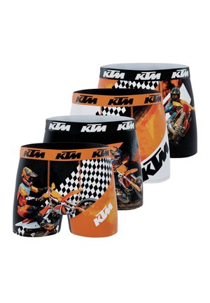 Quatre paires de boxers de la marque KTM avec des motifs de pilote de motocross et drapeau à damier en noir, orange et blanc.