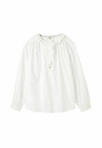 Weiße Bluse mit langen Ärmeln aus leichtem Stoff. Mit einem Rüschenausschnitt und einer Knopfleiste, sowie gerafften Puffärmel.