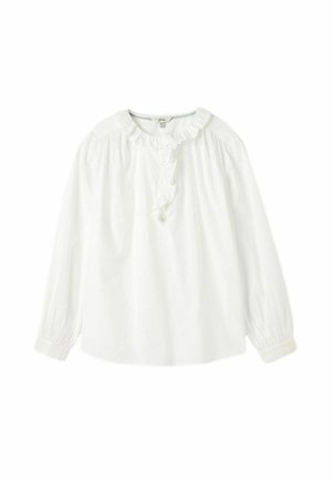 Weiße Bluse mit langen Ärmeln aus leichtem Stoff. Mit einem Rüschenausschnitt und einer Knopfleiste, sowie gerafften Puffärmel.