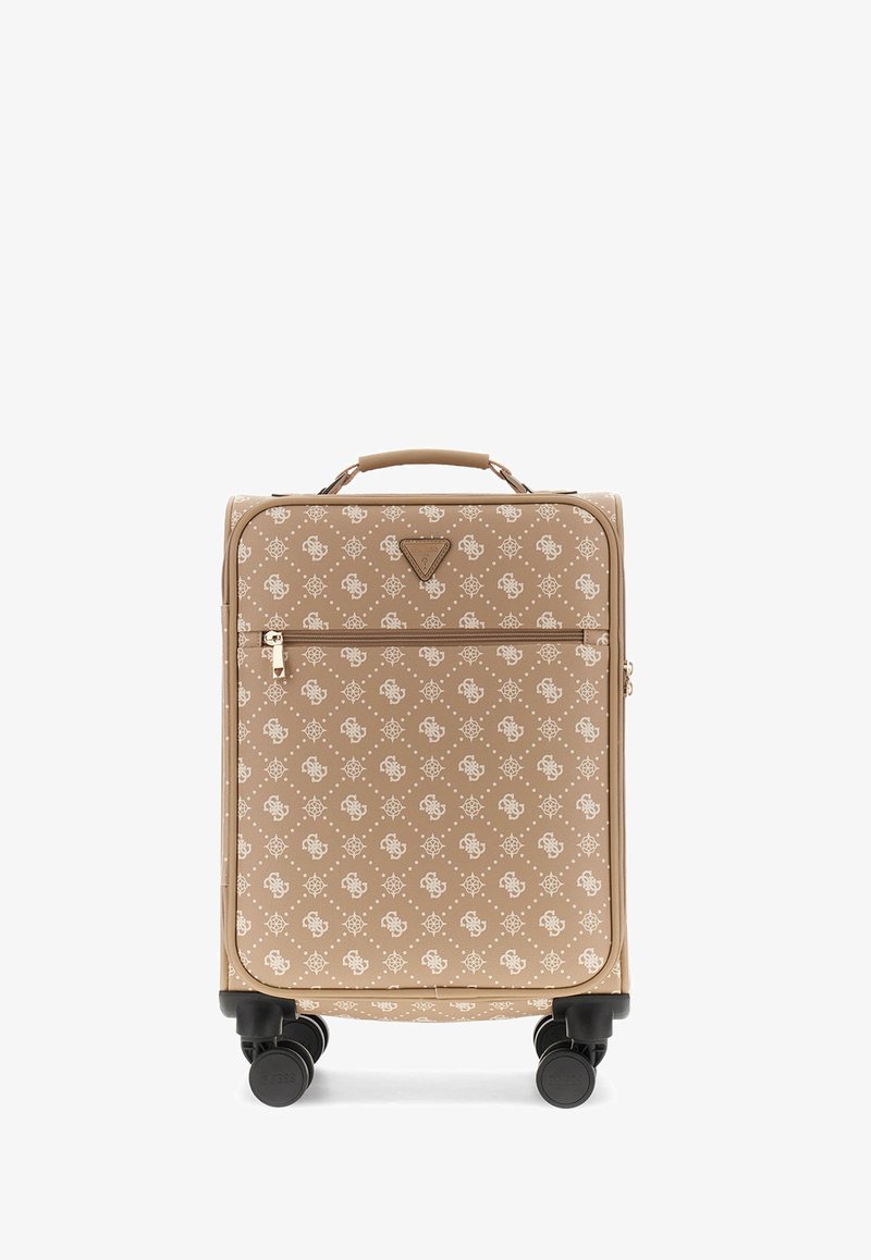 Valise cabine beige à motifs avec poche avant zippée, poignée souple et quatre roues pivotantes noires pour une mobilité facile.