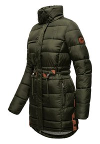 Olive green padded jacket featuring a high collar, drawstring waist, leather accents, and zippered pockets. Textured fabric with quilted design.
