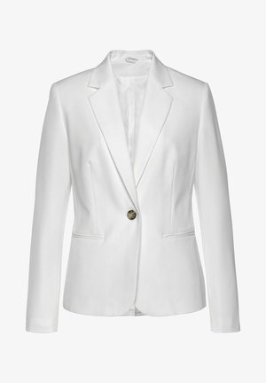 Blazer blanco entallado con solapas con muesca, cierre con un botón de carey y dos bolsillos delanteros de ojal, diseñado para mujeres.