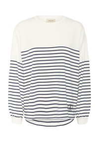 Long-sleeve, white and navy striped top made of soft fabric; features a round neck, relaxed fit, and elastic cuffs with a logo detail.