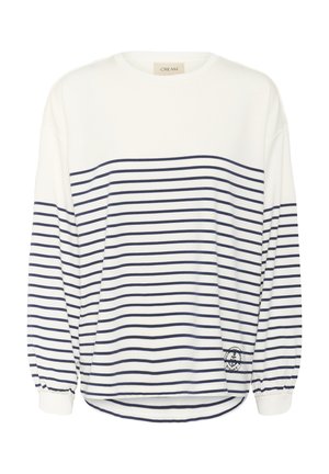 Langærmet, hvid og marineblå stribet top lavet af blødt stof; har rund hals, afslappet pasform og elastiske manchetter med en logo-detalje.