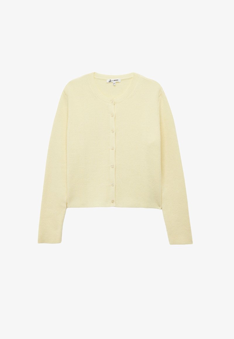 Helle gelbe, gerippte Strickjacke mit langen Ärmeln, rundem Halsausschnitt und sechs passenden Knöpfen auf der Vorderseite. Weicher Stoff. Kurz geschnittenes Design.